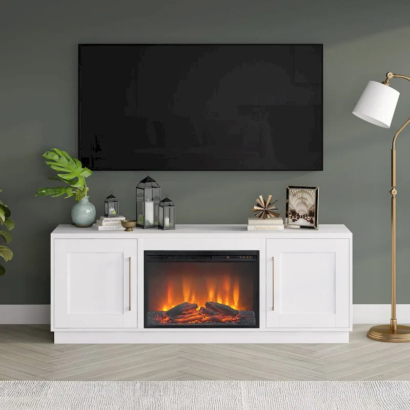 Meuble TV rectangulaire avec foyer électrique décoratif, adapté aux téléviseurs jusqu'à 75 pouces.