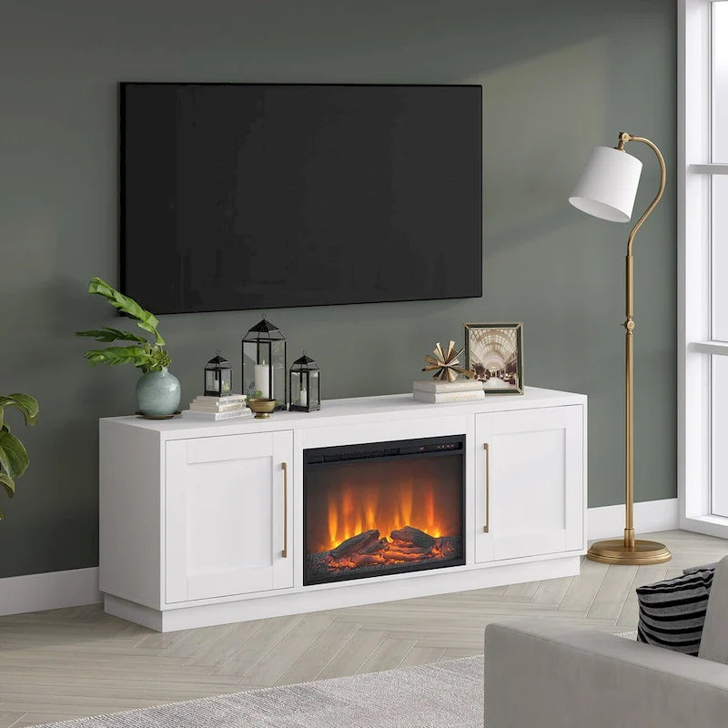 Meuble TV rectangulaire avec foyer électrique décoratif, adapté aux téléviseurs jusqu'à 75 pouces.