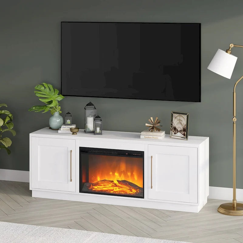 Meuble TV rectangulaire avec foyer électrique décoratif, adapté aux téléviseurs jusqu'à 75 pouces.