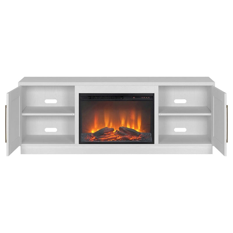 Meuble TV rectangulaire avec foyer électrique décoratif, adapté aux téléviseurs jusqu'à 75 pouces.