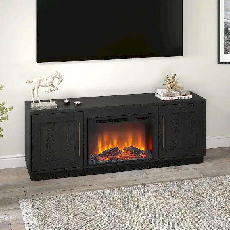 Meuble TV rectangulaire avec foyer électrique décoratif, adapté aux téléviseurs jusqu'à 75 pouces.