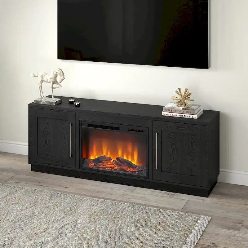 Meuble TV rectangulaire avec foyer électrique décoratif, adapté aux téléviseurs jusqu'à 75 pouces.