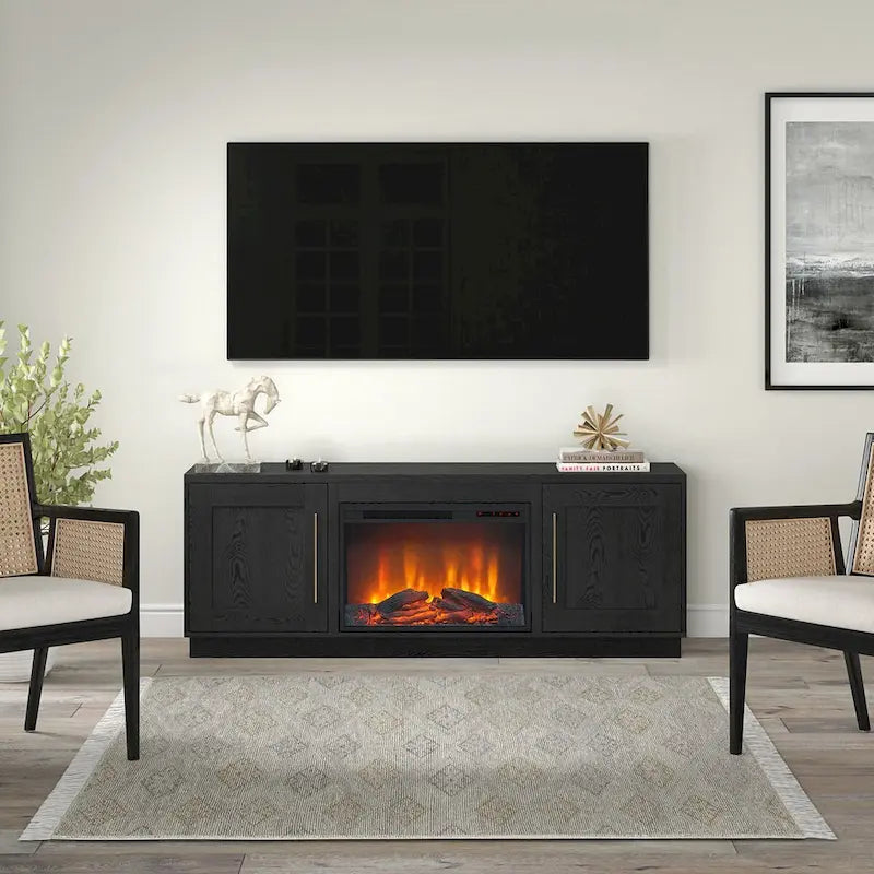 Meuble TV rectangulaire avec foyer électrique décoratif, adapté aux téléviseurs jusqu'à 75 pouces.