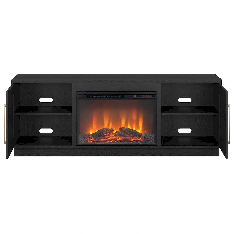 Meuble TV rectangulaire avec foyer électrique décoratif, adapté aux téléviseurs jusqu'à 75 pouces.