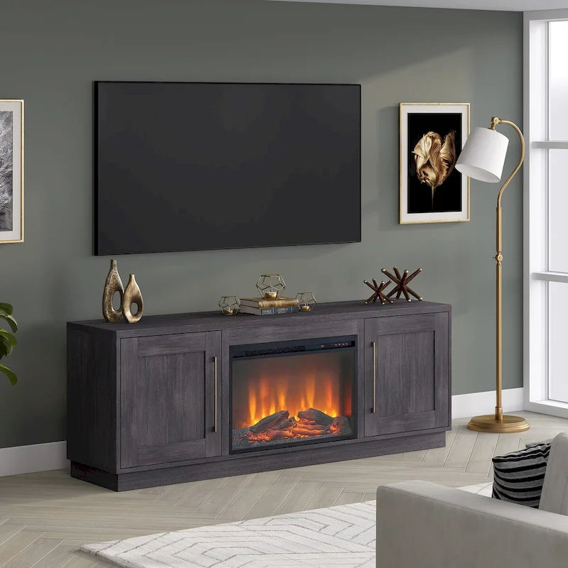 Meuble TV rectangulaire avec foyer électrique décoratif, adapté aux téléviseurs jusqu'à 75 pouces.