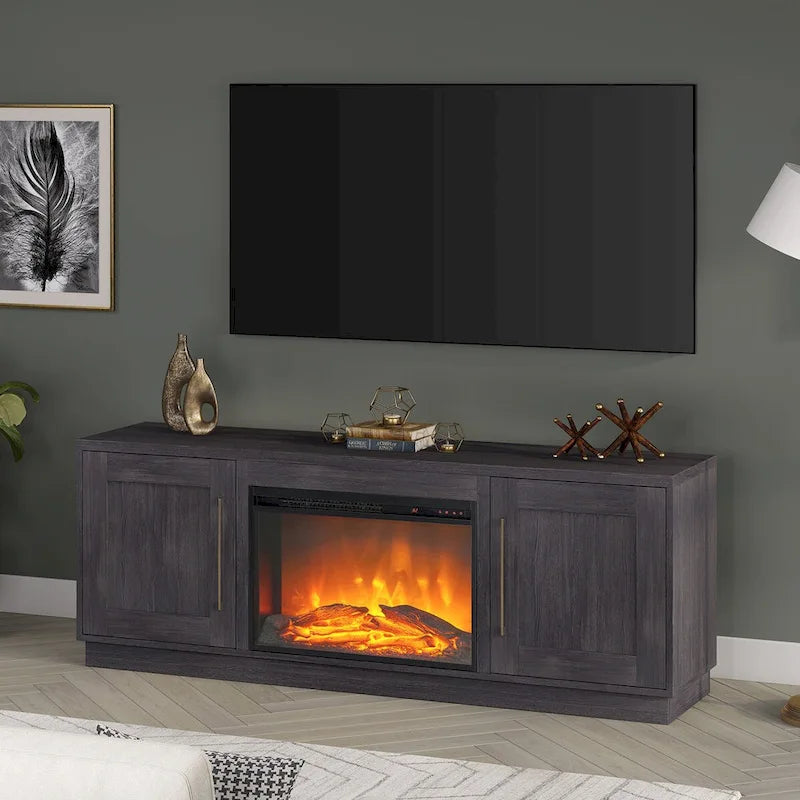 Meuble TV rectangulaire avec foyer électrique décoratif, adapté aux téléviseurs jusqu'à 75 pouces.